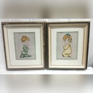 Framed Cross-Stitch Praying Children Wall Art - Green & Yellow